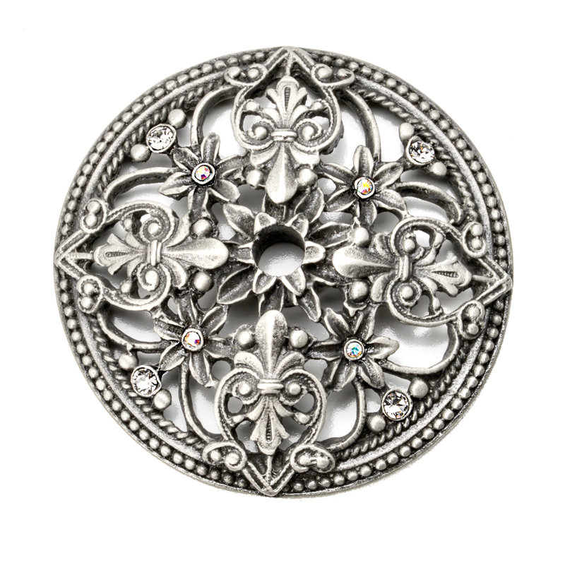 Juliane Grace large round back plate Clear & Aquamarine Swarovski Crystals in Antique Brass, Satin