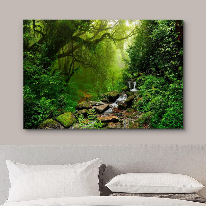 Népal, forêt verte, cascade, Toile tendue, H 12 po x l 18 po x P 1,5 po