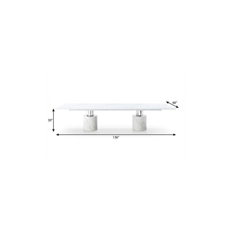 Table de salle à manger à piédestal 136 po, H 30 po x l 136 po x P 48 po, Blanc/chrome, Verre / marbre