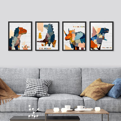 Boy's Bedroom Colorful Dinosaur Contemporary Pictures Framed Wall Art 4 Pieces Small Paper Print