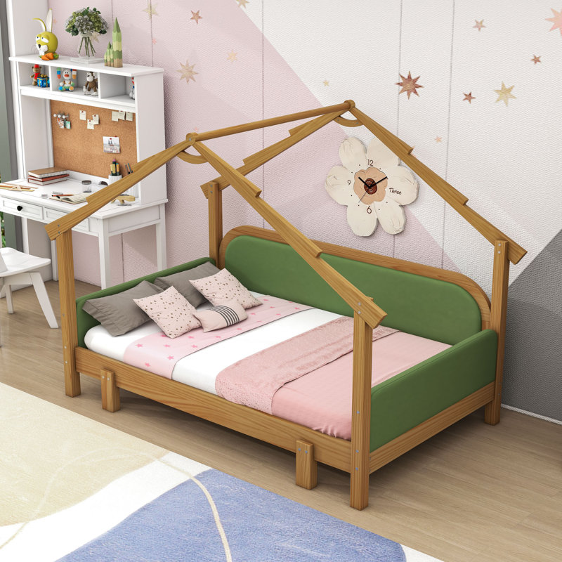Lit simple en bois avec rails de sécurité, Vert