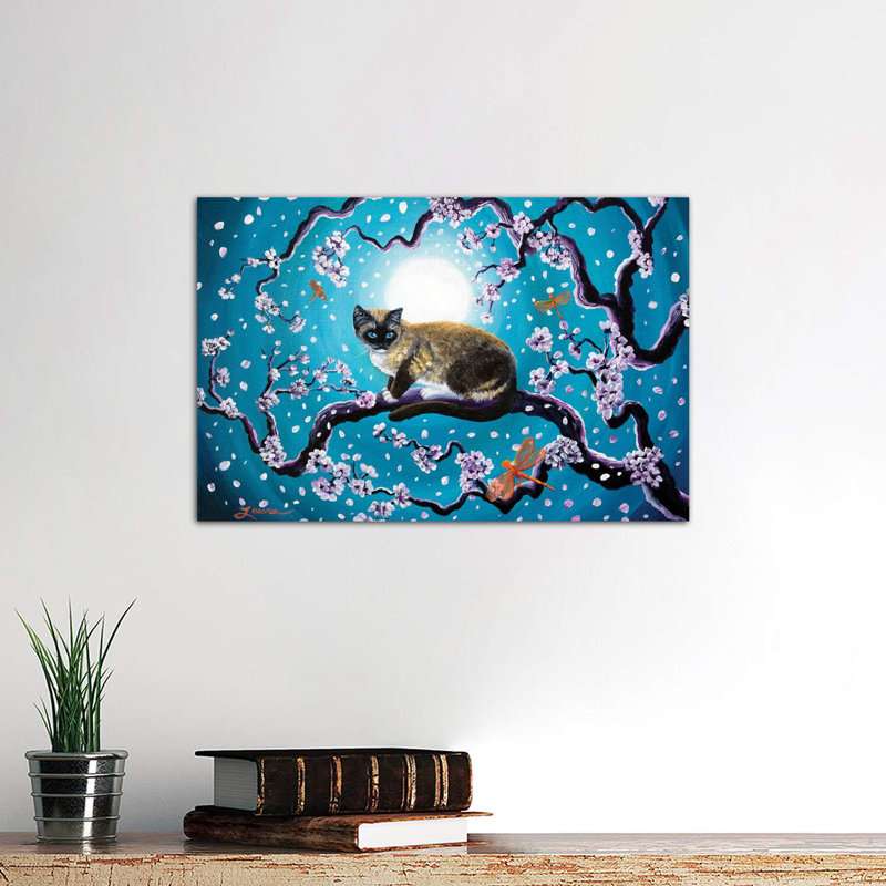 Snowshoe Cat And Dragonfly In Sakura by Laura Iverson - Wrapped Canvas Painting, 66.04 cm H x 45.72 cm W x 1.91 cm D