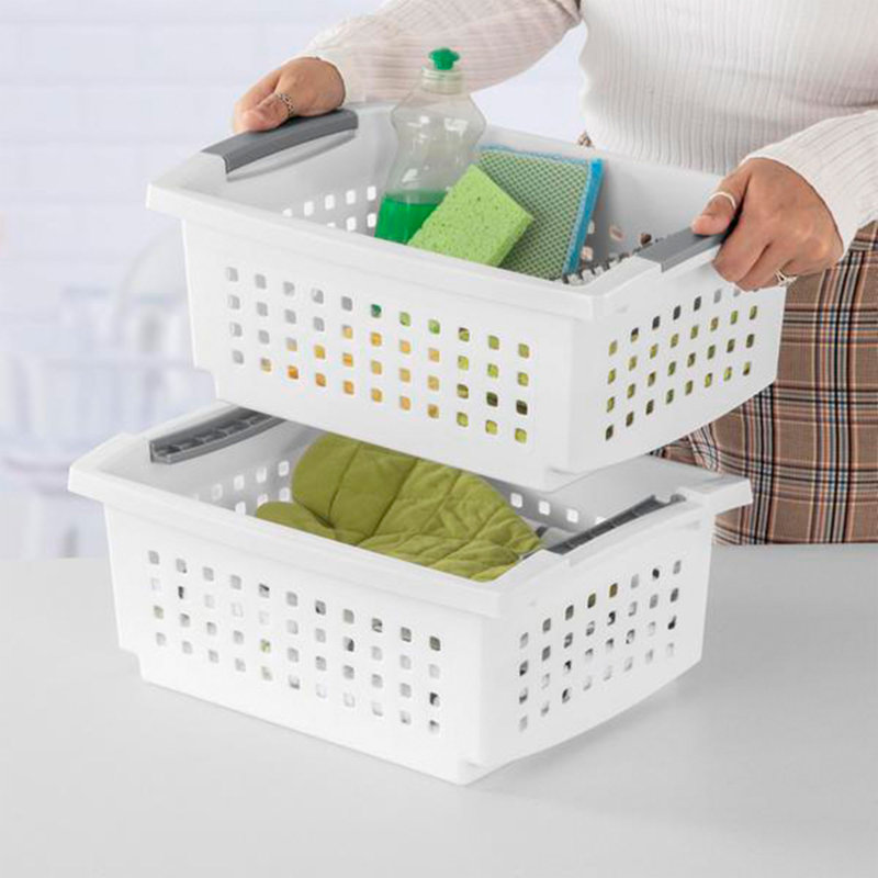 Sterilite Small Stacking Storage Basket with Comfort Grip Handles, White