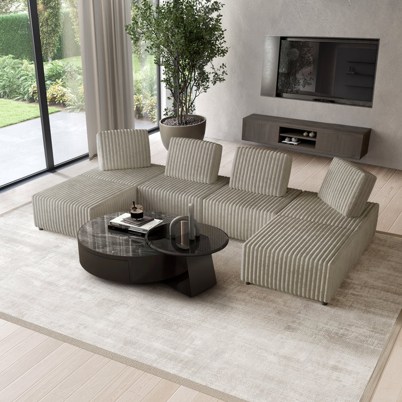 Ensemble 6 pièces de fauteuil modulaire en velours beige, d'angle et repose-pieds, Velours beige