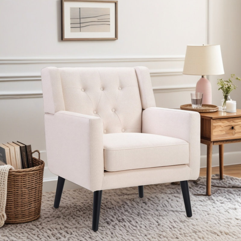 29" Wide Contemporary Upholstered Button-Tufted Armchair With Solid Wood Legs, Beige