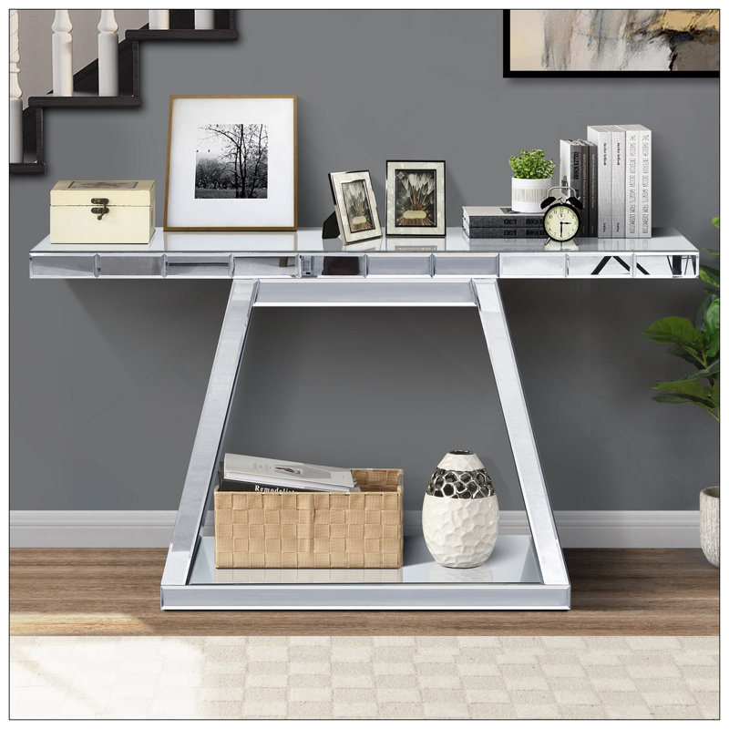 55.9" Modern Luxe Full-Body Mirror Entryway Table With Trapezoid Base – 360° Reflective Console Table, Sturdy Wooden Frame, Scratch-Resistant Design & Open Storage For Hallway, Living Room, Staircase