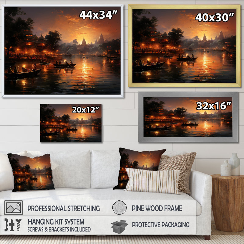 «Hinduisim Sunset Aarti IV», reproduction sur toile, H 12 po x l 20 po x P 1 po, Cadre flottant noir