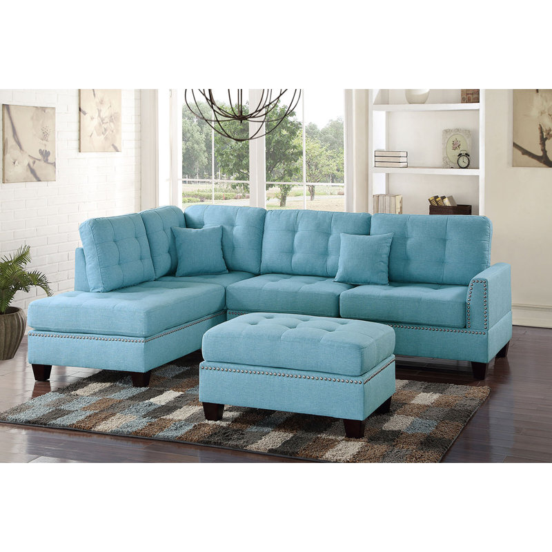 Romulus Upholstered L-Shaped Sectional Reversible, Light Blue Polyester Blend