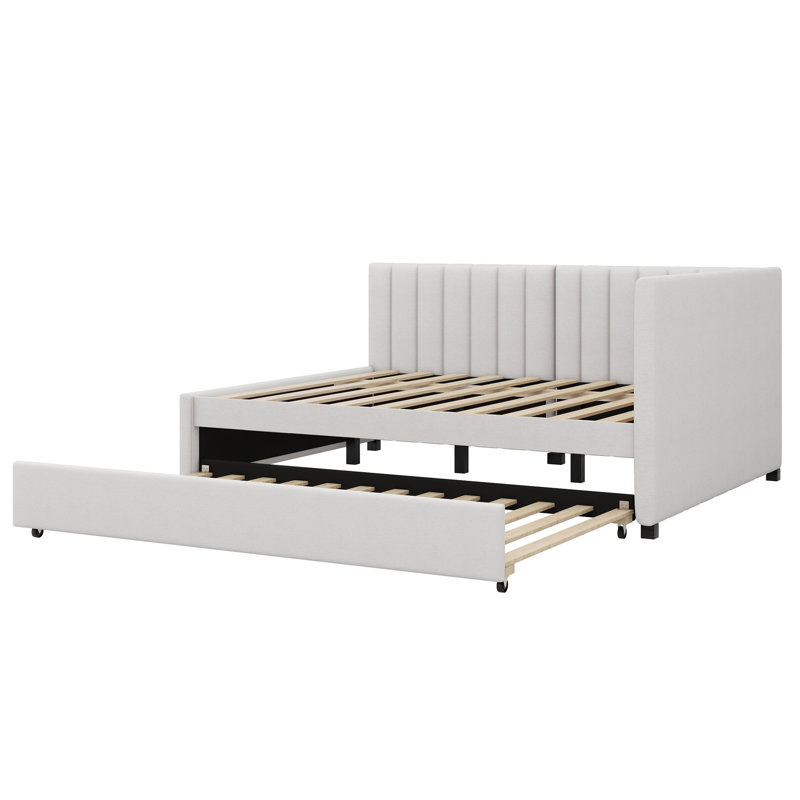 Upholstered Daybed with Trundle Sofa Bed Frame, Beige, Full