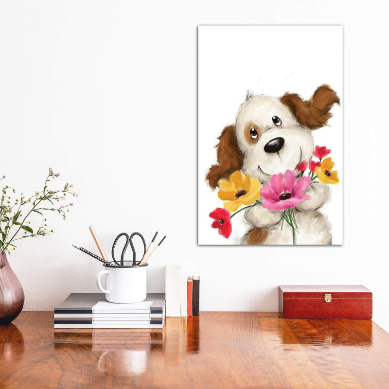 «Dog with Flowers II» par Makiko - reproduction d'art, H 12 po x l 8 po x P 0,75 po, Toile tendue, Pas de tapis