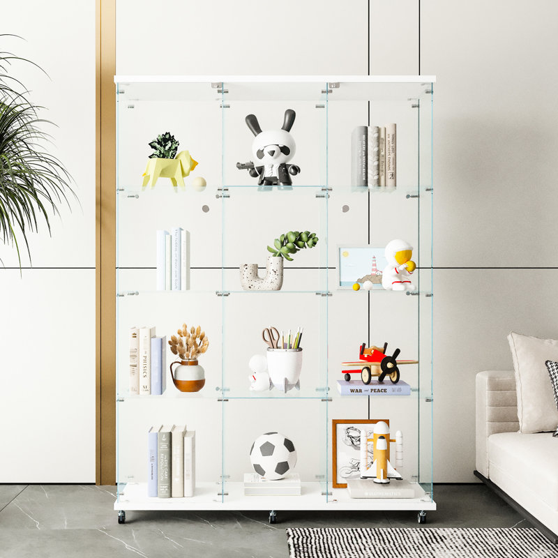 Très grande vitrine en verre à 4 tablettes, pour chambre de bureau - noir blanc, espace de présentation suffisant, panneaux trempés, structure en bois massif, méthode d'installation facile