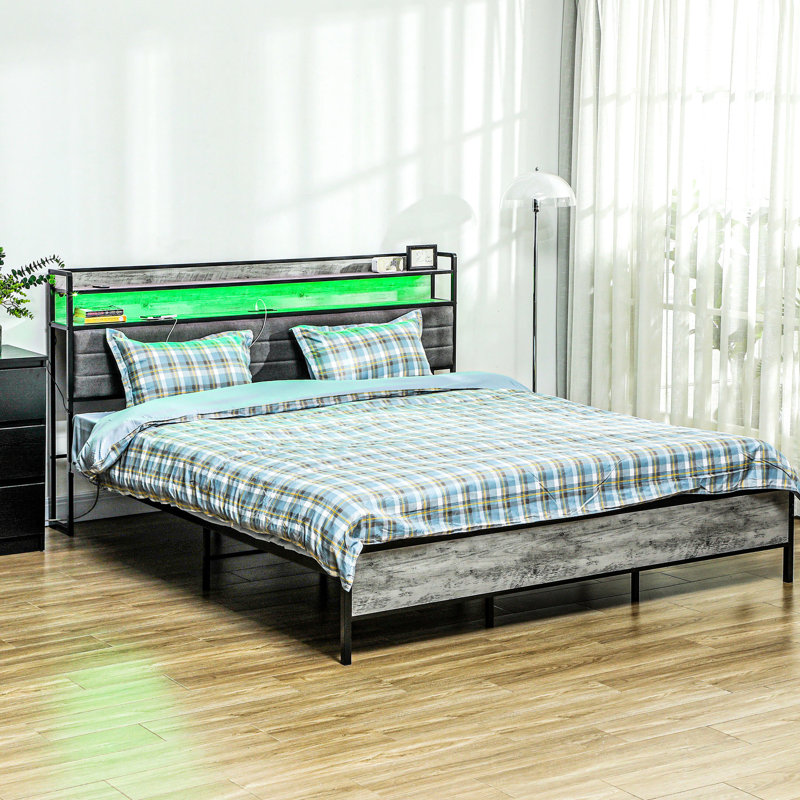 Base de lit très grand avec tête de lit, base de lit tapissier avec lumières DEL, station de charge, lattes en acier, assemblage facile sans bruit, pas de sommier tapissier, gris ciment