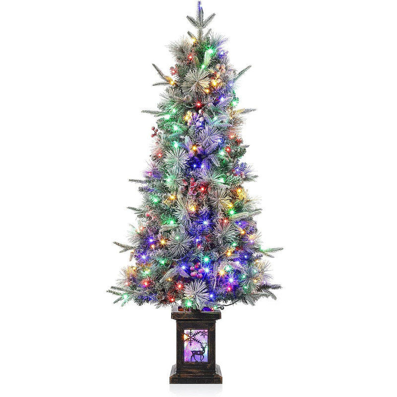Pre-Lit Christmas Tree 4.5ft Artificial Pine Tree w/150 leds , 8 Lighting Modes, Xmas Trees with Light Box & Red Berries for Holiday Home and Office Decor, Easy Assembly
