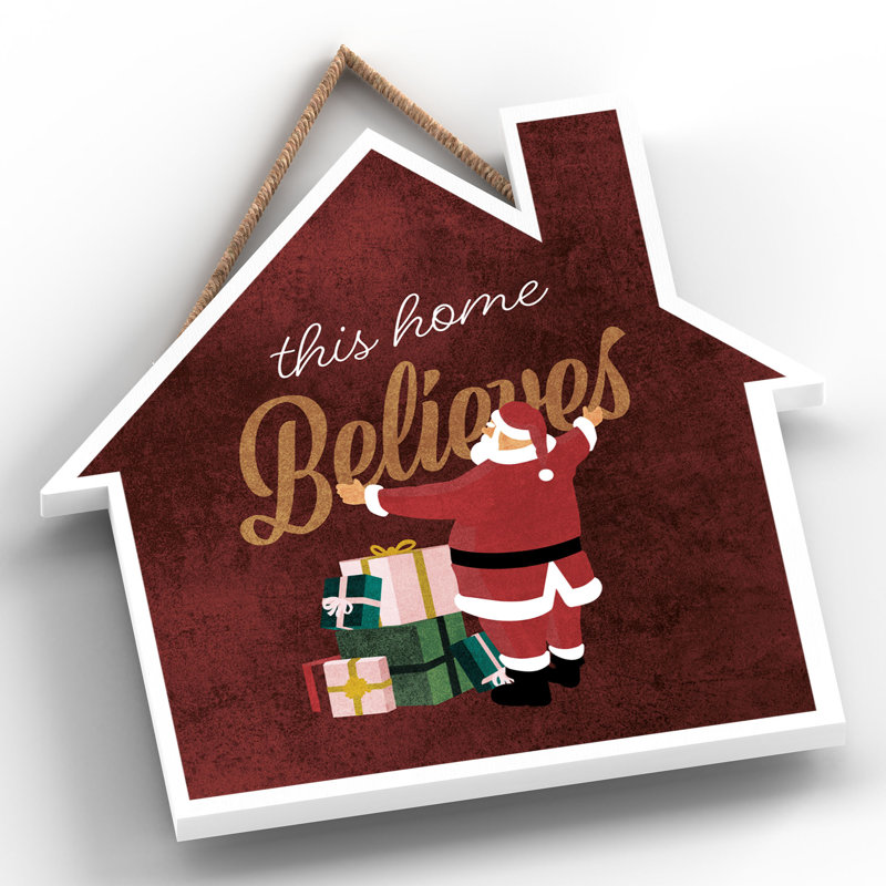 Xmas This Home Believes Santa Wooden House Plaque, 9.9cm H x 9.9cm W x 0.5cm D