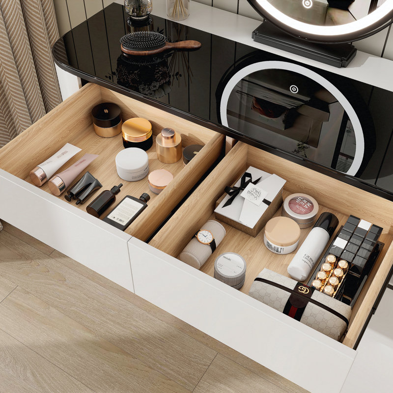 Table de coiffeuse moderne avec plateau en verre trempé, pieds à hauteur réglable, armoire de rangement multifonctionnelle et miroir rond, blanc et noir, 100 cm de large - parfaite pour la chambre à coucher, le dortoir et les petits espaces