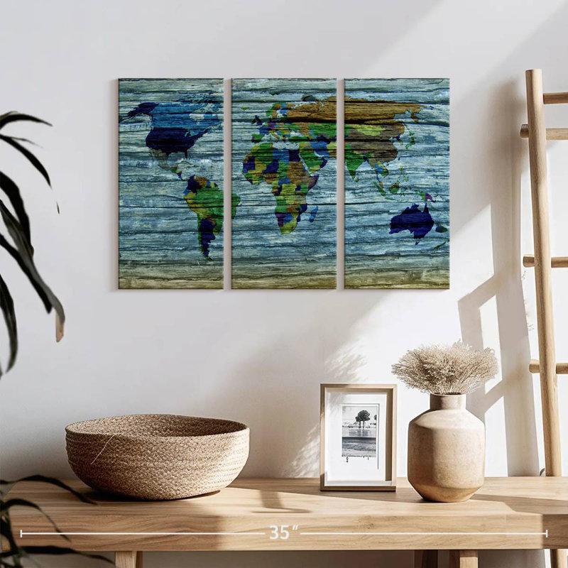 Carte du monde en bois vieilli Aliaz, H 24 po x l 38 po