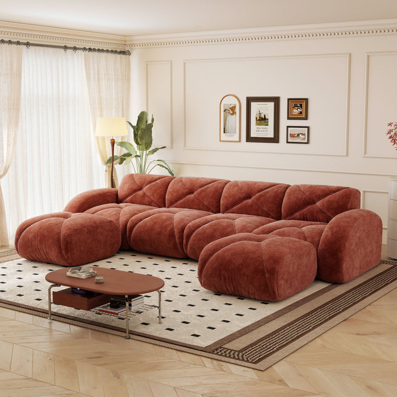 Canapé modulaire capitonné et désossé 140 pièces de 140,9 po avec 2 repose-pieds mobiles, Red Brown Velvet