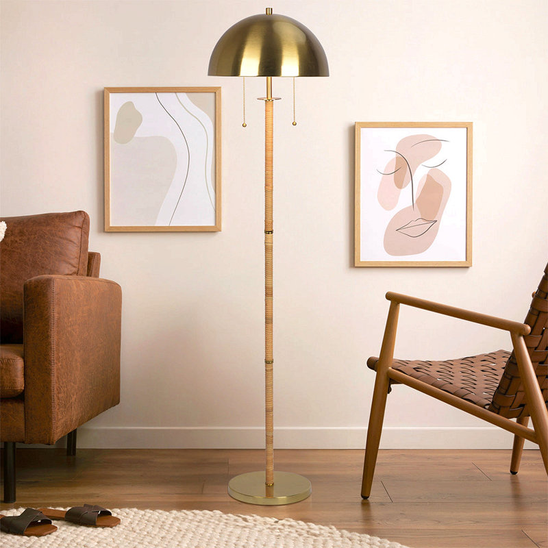 Lampe sur pied 2 lumières Allure, laiton doré, tube en rotin naturel, double chaîne marche / arrêt