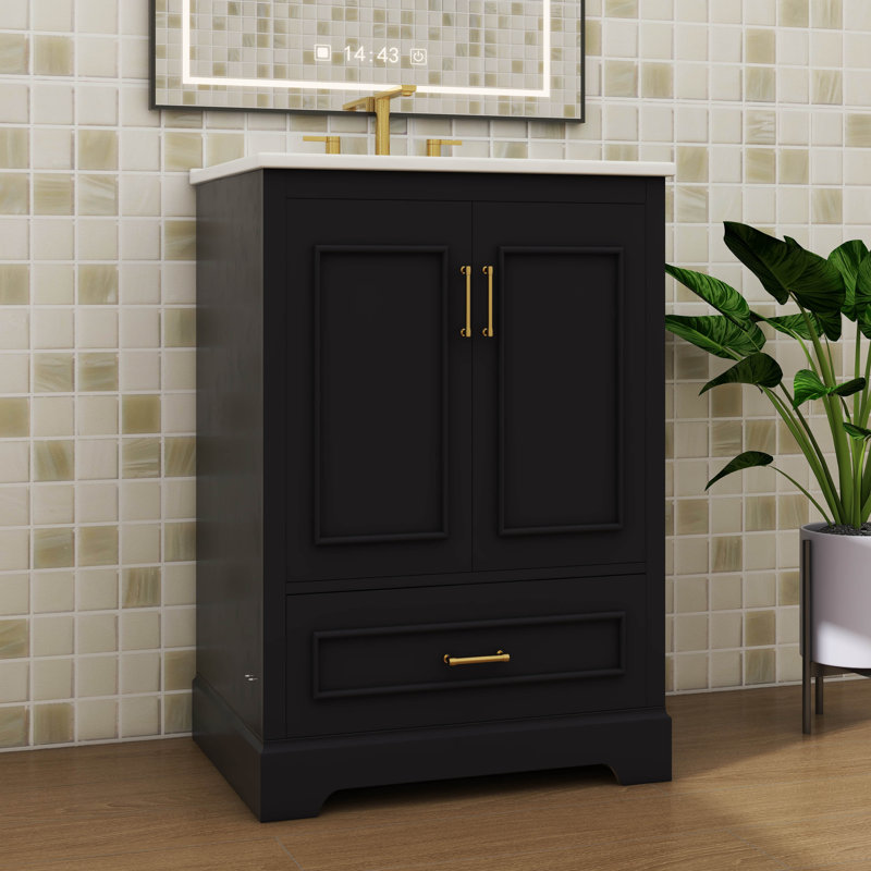 Meuble-lavabo moderne avec lavabo en céramique 2 portes et 1 tiroir pratique, Noir