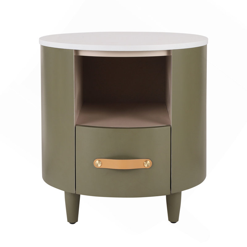 Lucci Round Nightstand With Storage Drawer & Open Shelf, Green