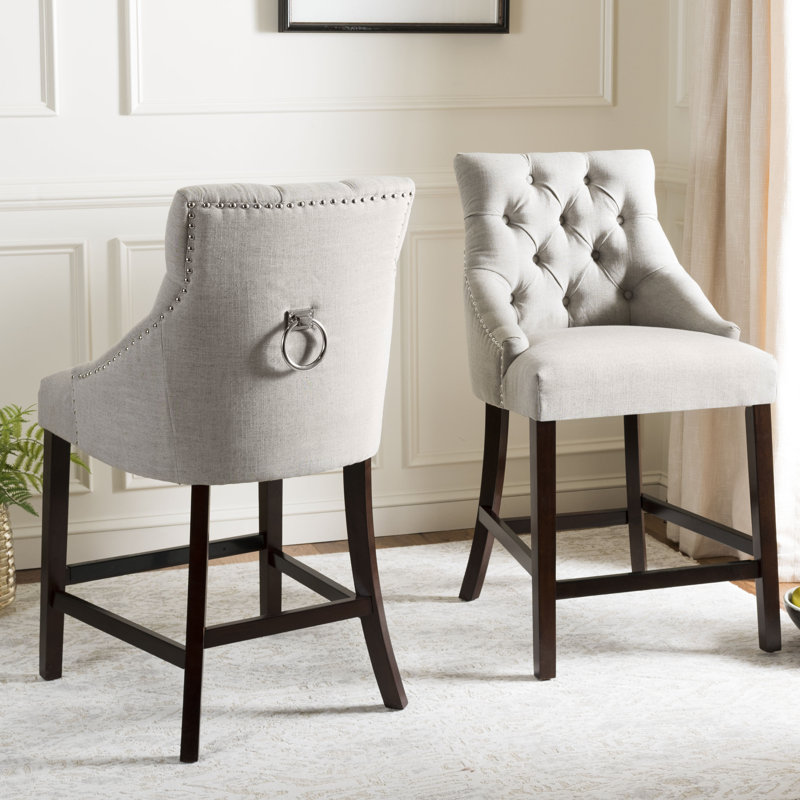 Eleni 26" Light Grey Tufted Wingback Counter Stool with Chrome Accents