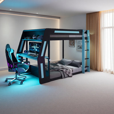 Lit superposé double pleine grandeur avec bureau RVB surdimensionné monté sur le côté, ports de charge USB et œillet pour câble, bande lumineuse à DEL, structure Esoft Loft robuste - conception fraîche