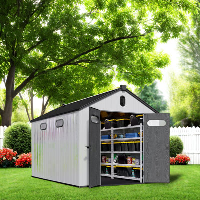 8X12 Ft Outdoor Storage Shed, Durable Double-Layer Pp Construction, Steel Reinforced, Ventilated With Skylights & Lockable Doors For Lawn Equipment, Tools, And Garden Storage