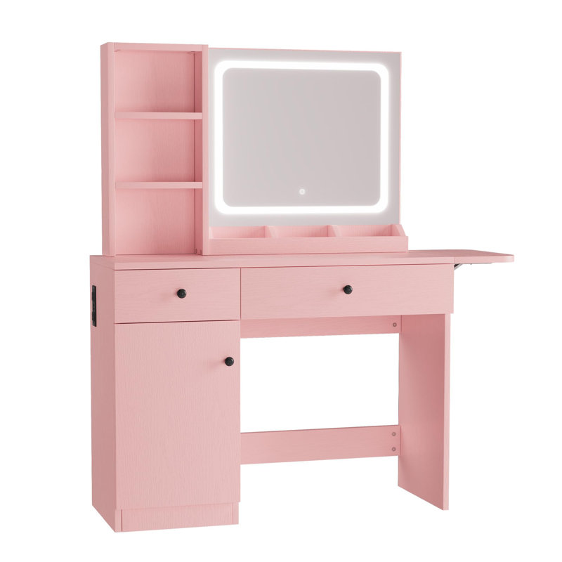Bureau de coiffeuse avec miroir, tiroirs, tablettes et tabouret pour chambre à coucher, Rose
