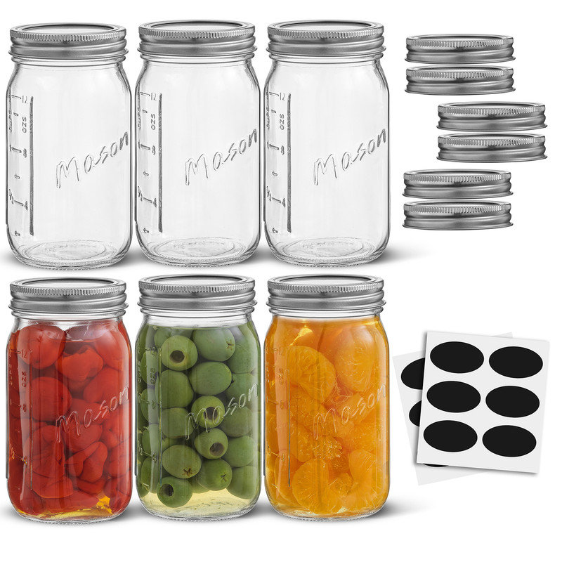 Pots Mason réguliers Brightware avec couvercles, étiquettes et mesures hermétiques - 16 oz - ensemble de 6