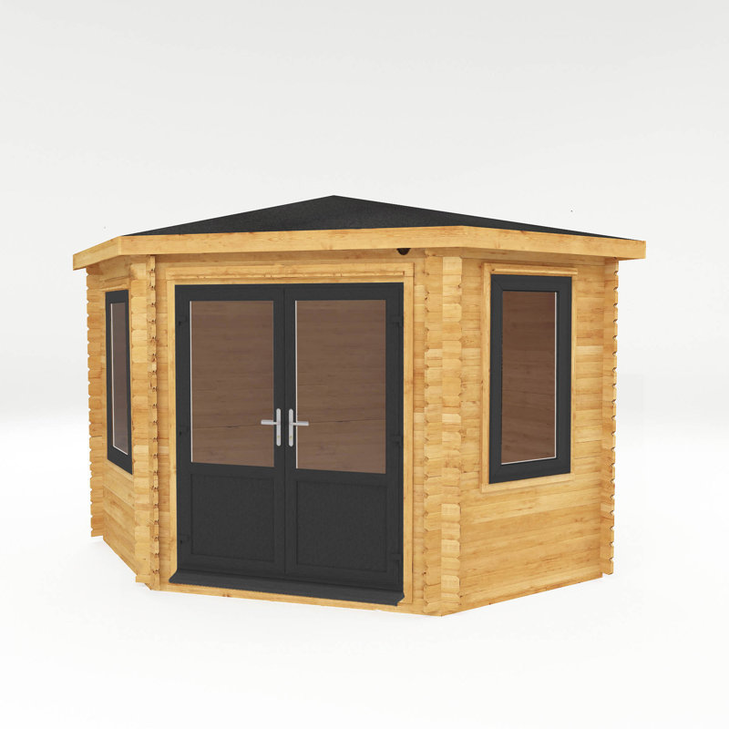 10ft x 10ft Corner Cabin UPVC Windows & Doors (44mm), Grey/Natural Timber