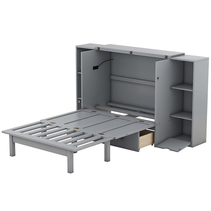Lit escamotable avec tablettes, tiroirs et ports USB Murphy, Grand lit, Gris