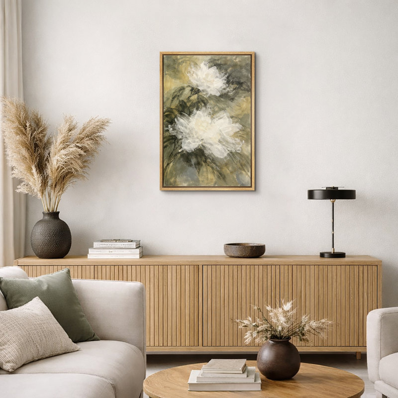 «Neutral White Floral Abstract Art», images de chambre à coucher, impression sur toile encadrée, Cadre flottant naturel