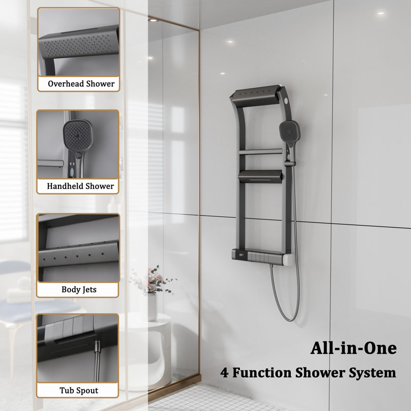 Modern Thermostatic Shower System with Rainfall & Waterfall Shower Head, Body Jets, Handheld Shower and Tub Spout, 12 Spray Modes SPA Shower Panel in Grey