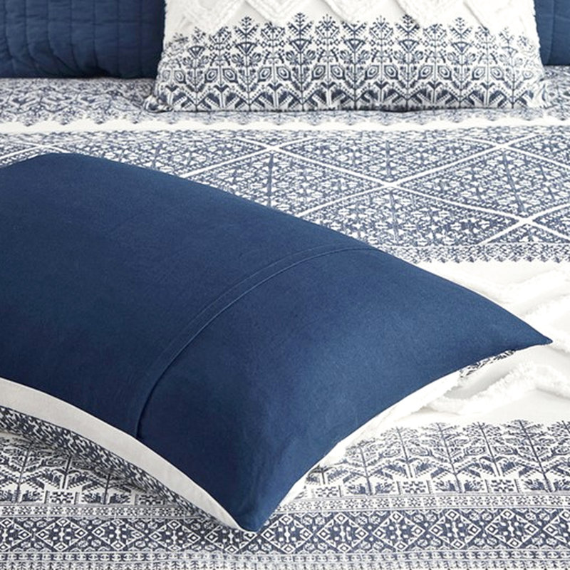 Ensemble de housse de couette en coton 3 pièces pour très grand / très grand lit, capitonnage en chenille, revers bleu marine uni, literie à attaches de coin avec motif, fermeture à boutons