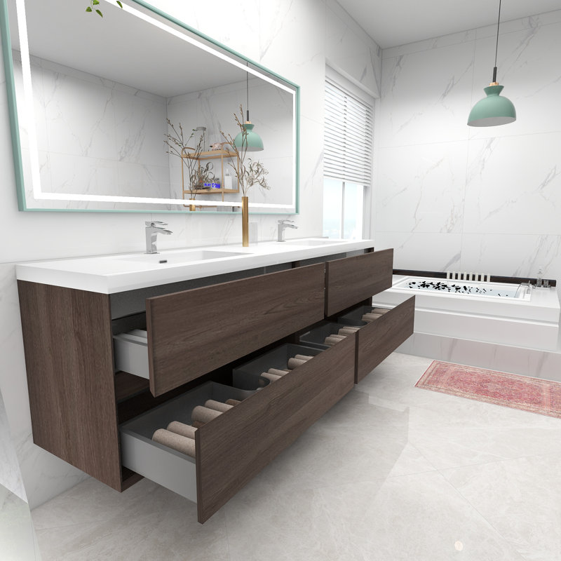 Ensemble de meuble-lavabo double mural 84 po Asaya, Chêne rouge
