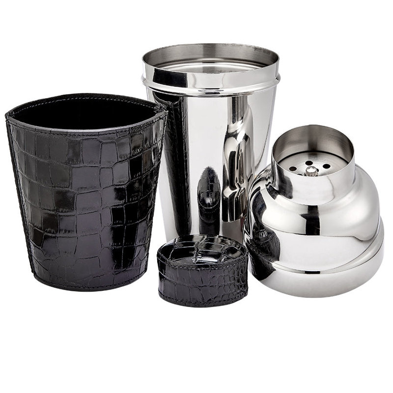 Graphic Image Cocktail Shaker, Leather, Embossed Croc Leather, Black