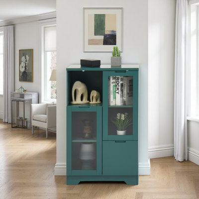 MDF Painted Cabinet With Glass Doors And Drawer, Open Storage Space