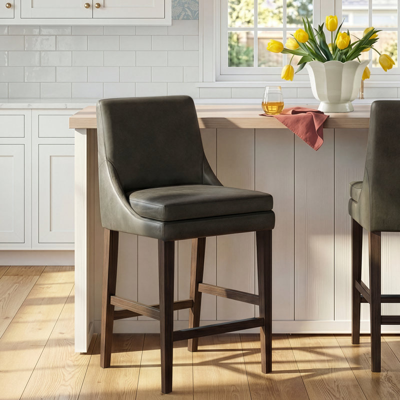 Niara Leather Counter & Bar Stool, Copley Slate Faux Leather/Brown, Counter Stool (26” Seat Height)