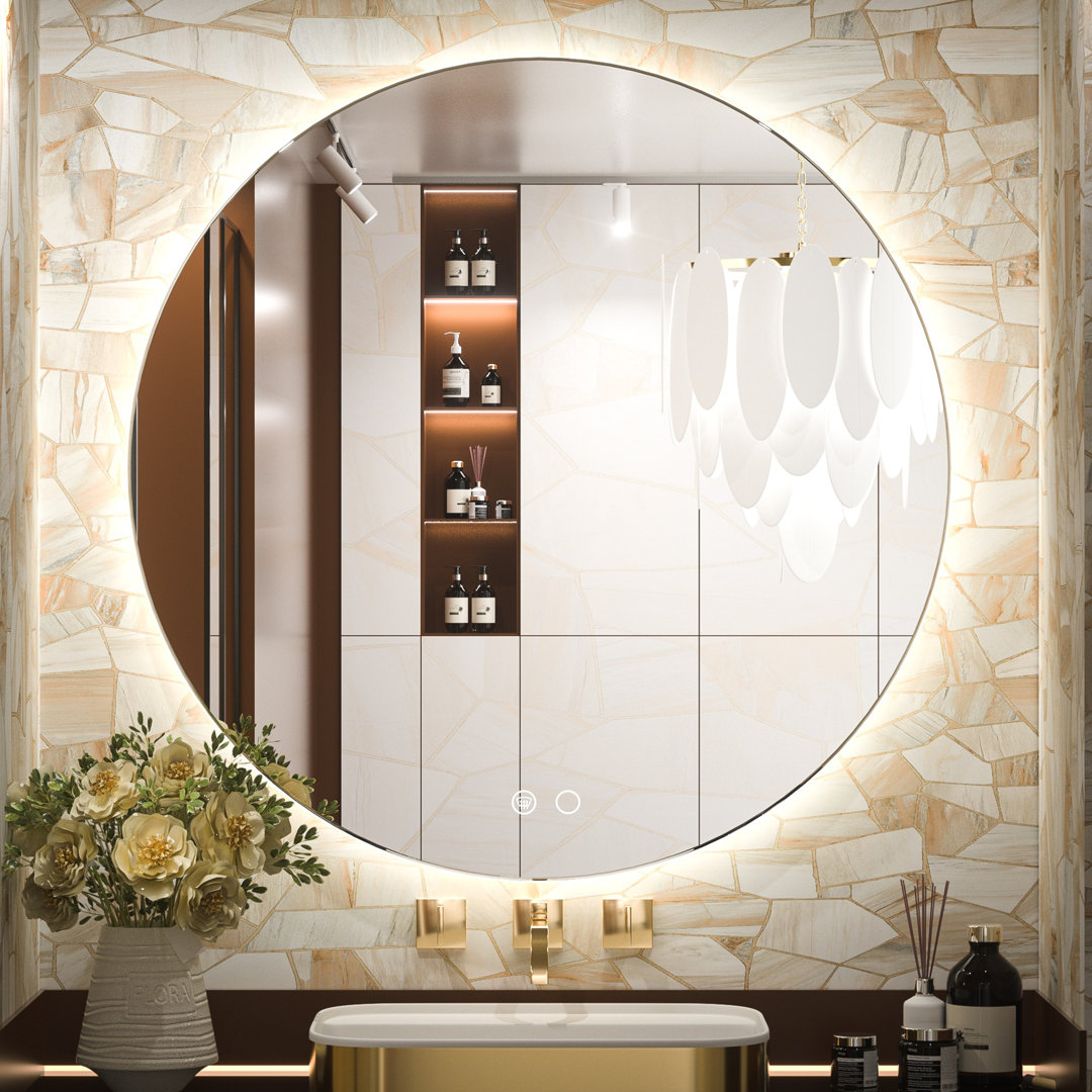 Adorna  Round Frameless Backlit Mirror, LED Bathroom Mirror with Dimmable Brightness, Anti-fog Function, 50000h Lifetime, Shatterproof Film Orren Ellis 