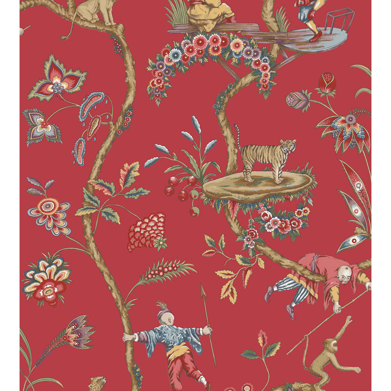 Chinoise Exotique Floral Wallpaper Roll, Tomato