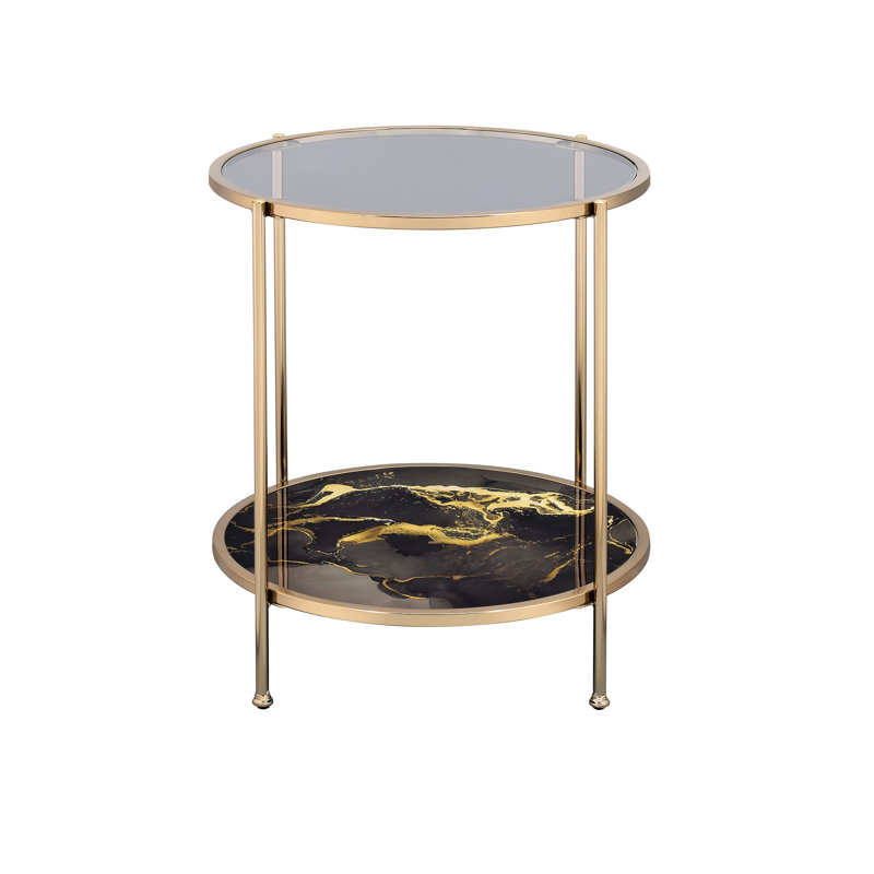 Metal End Table With Black Marble Print Design & Practical Function Bedside Frame