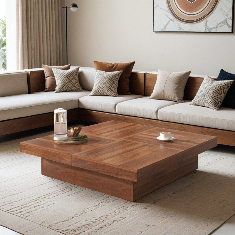 Table basse carrée 39,4 "avec plateau coulissant et rangement - Table de cocktail en placage moderne - Centre de table de salon avec compartiment caché