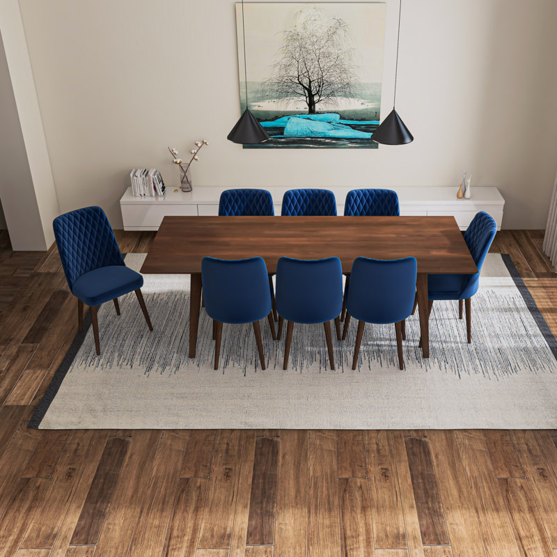 Annabelle 9-Piece Mid-Century Rectangular Dining Set w/ 8 Velvet Dining Chairs, Blue