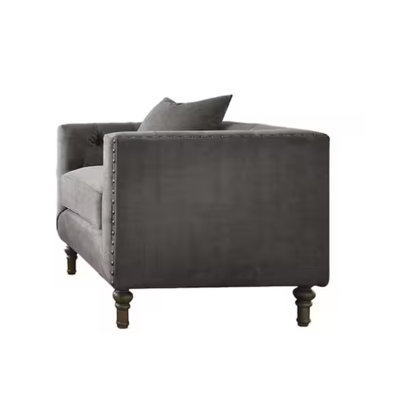 Sidonia Gray Velvet Accent Chair with Pillow - Button Tufted Design and Nailhead Trim for Living Room
