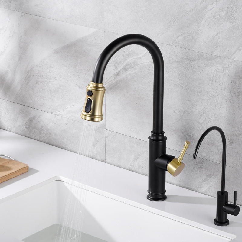 Sumerain S6132P-XX-6133 Pull Out Kitchen Faucet, Black/Gold