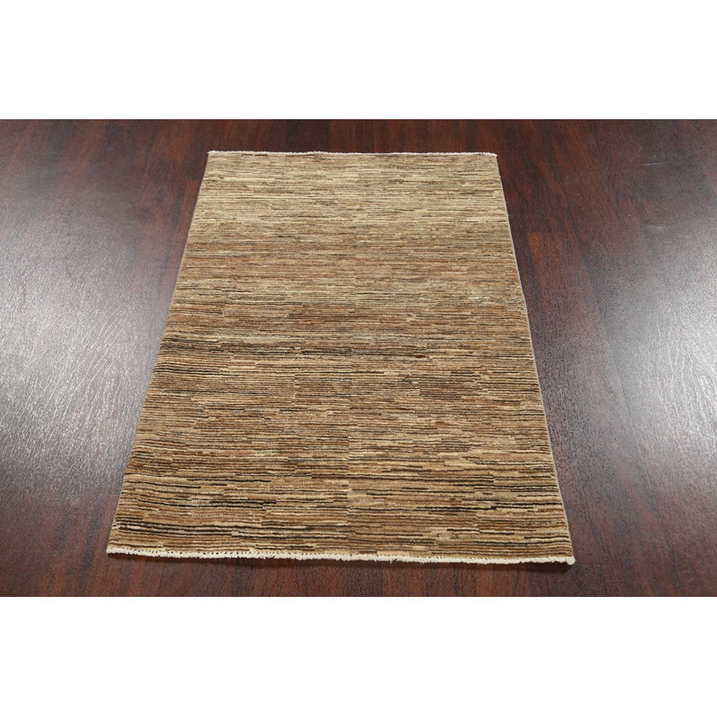 Tapis brun en laine noué à la main de conception unique 2 pi 8 po x 4 pi 1 po New Age