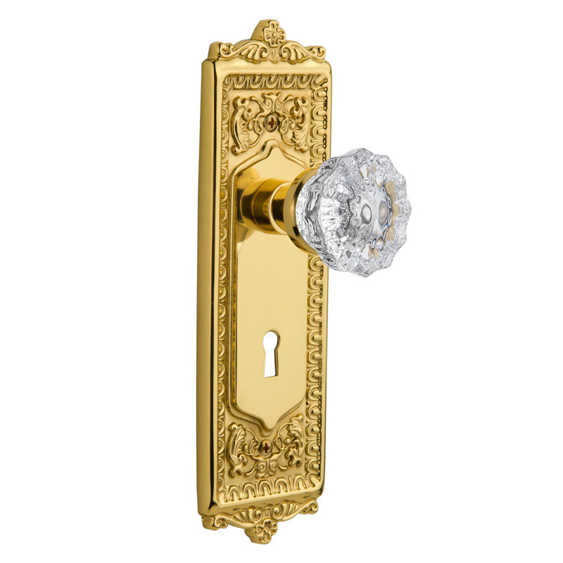 Clear Crystal Interior Mortise Door Knob with Egg & Dart Long Plate, Polished Brass
