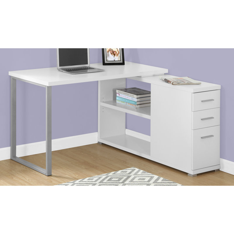 Leicester Computer Desk, Home Office, Corner, Storage Drawers, L Shape, Work, Laptop, Metal, White, Chrome