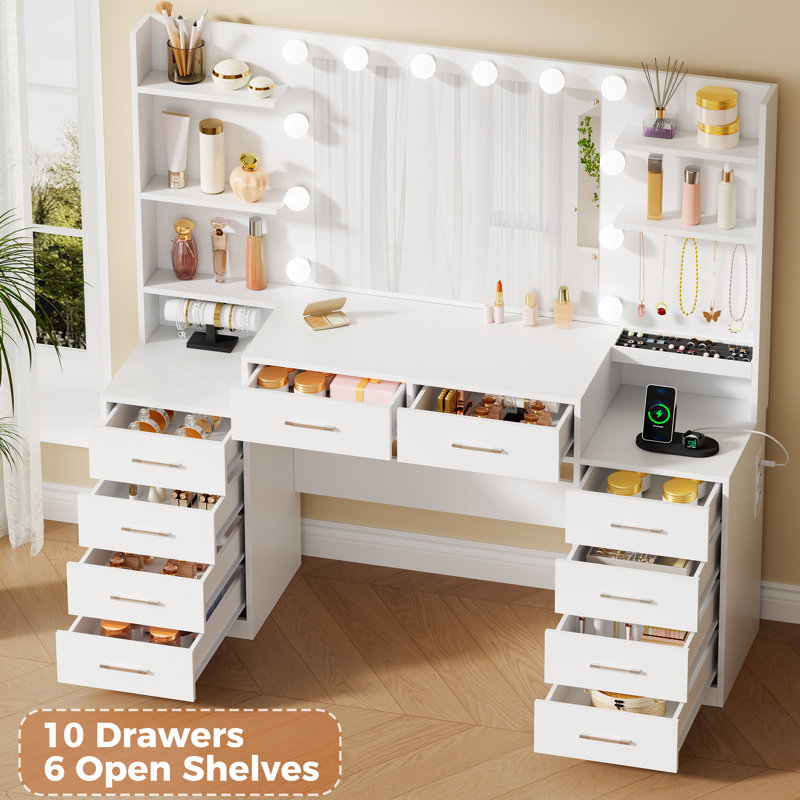 Elowen Dressing Table With 10 Drawers, Jewellery Storage, Power Outlet And 3 Colors LED Light