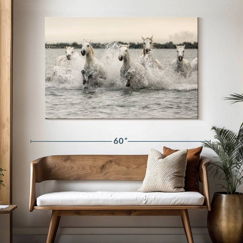 Brampt White Camargue Horses Running On The Beach III, 34" H x 51" W